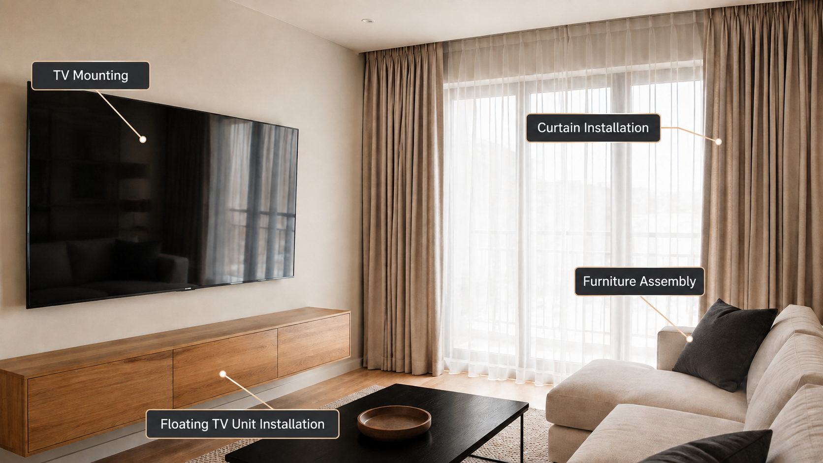 Illustration of a living room labelled with TV Mounting, Furniture Assembly, Curtain Installation, and Floating TV Unit Installation